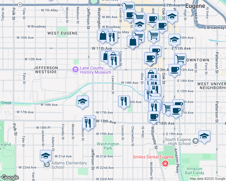 map of restaurants, bars, coffee shops, grocery stores, and more near 1491 Lawrence Street in Eugene