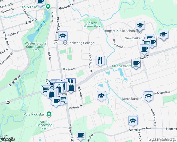 map of restaurants, bars, coffee shops, grocery stores, and more near 550 Rourke Place in Newmarket