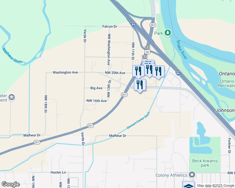 map of restaurants, bars, coffee shops, grocery stores, and more near 1208 Big Avenue in Ontario