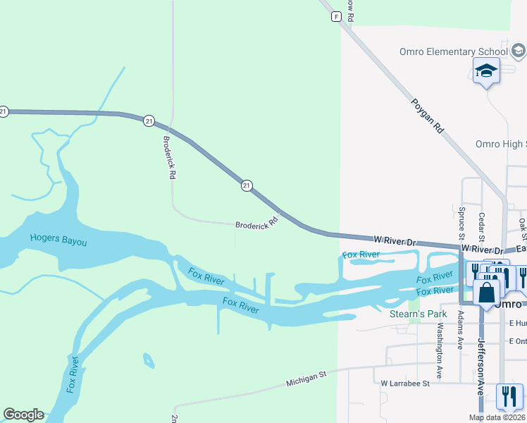 map of restaurants, bars, coffee shops, grocery stores, and more near 1169 Broderick Road in Omro