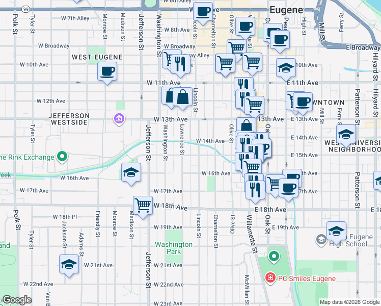 map of restaurants, bars, coffee shops, grocery stores, and more near 351 West 15th Avenue in Eugene