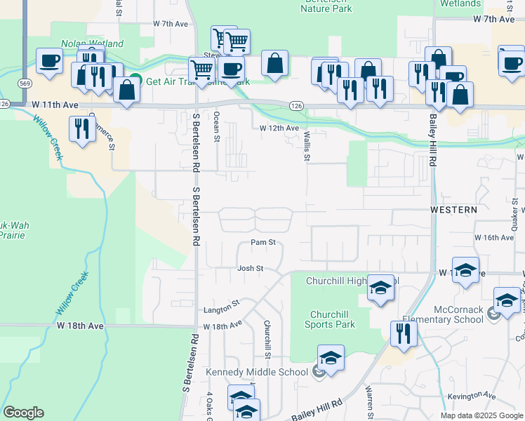 map of restaurants, bars, coffee shops, grocery stores, and more near 1415 South Bertelsen Road in Eugene