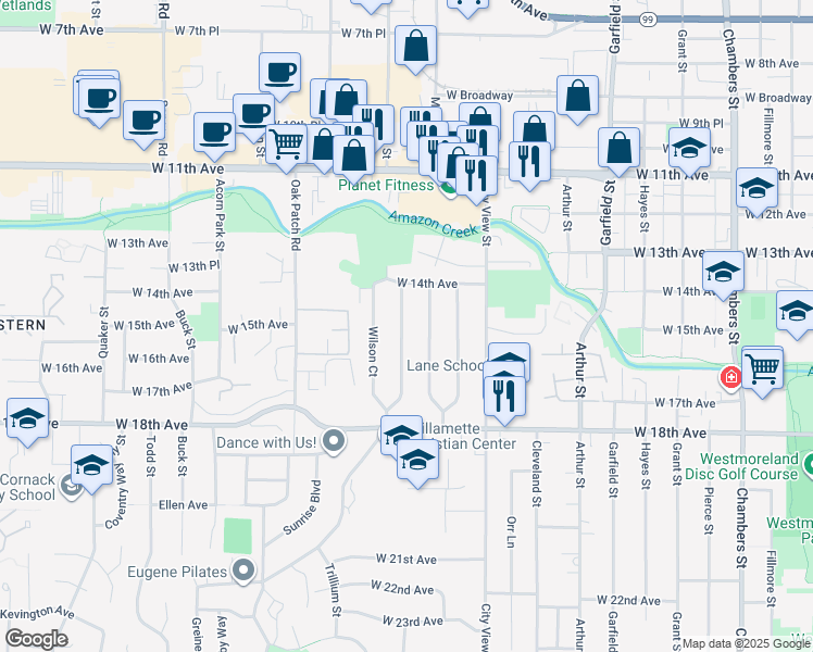map of restaurants, bars, coffee shops, grocery stores, and more near 1556 McKinley Court in Eugene