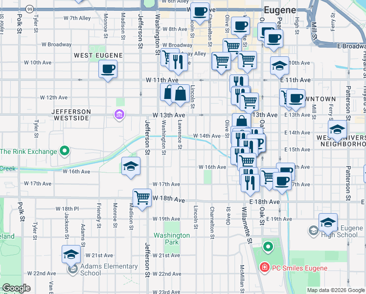 map of restaurants, bars, coffee shops, grocery stores, and more near 1491 Lawrence Street in Eugene