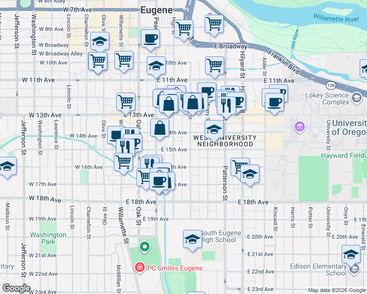 map of restaurants, bars, coffee shops, grocery stores, and more near 357 East 15th Avenue in Eugene