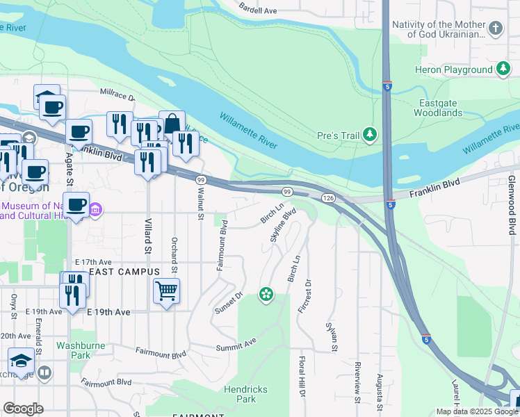 map of restaurants, bars, coffee shops, grocery stores, and more near 2277 Birch Lane in Eugene