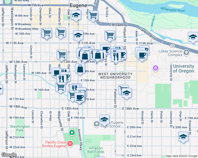 map of restaurants, bars, coffee shops, grocery stores, and more near 1524 Mill Street in Eugene