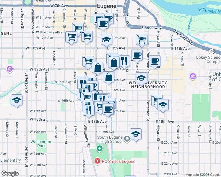 map of restaurants, bars, coffee shops, grocery stores, and more near 1530 High Street in Eugene