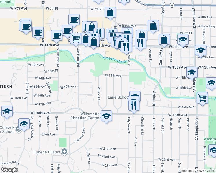 map of restaurants, bars, coffee shops, grocery stores, and more near 1556 McKinley Court in Eugene