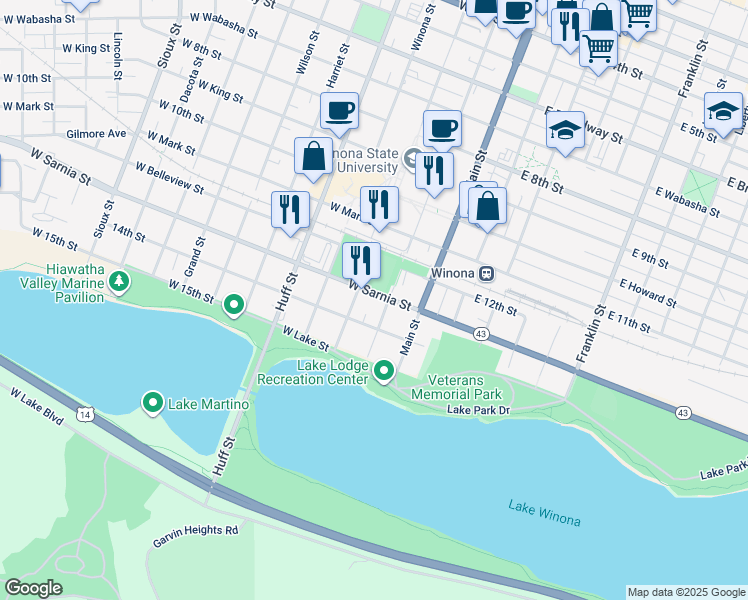 map of restaurants, bars, coffee shops, grocery stores, and more near 174 14th Street in Winona