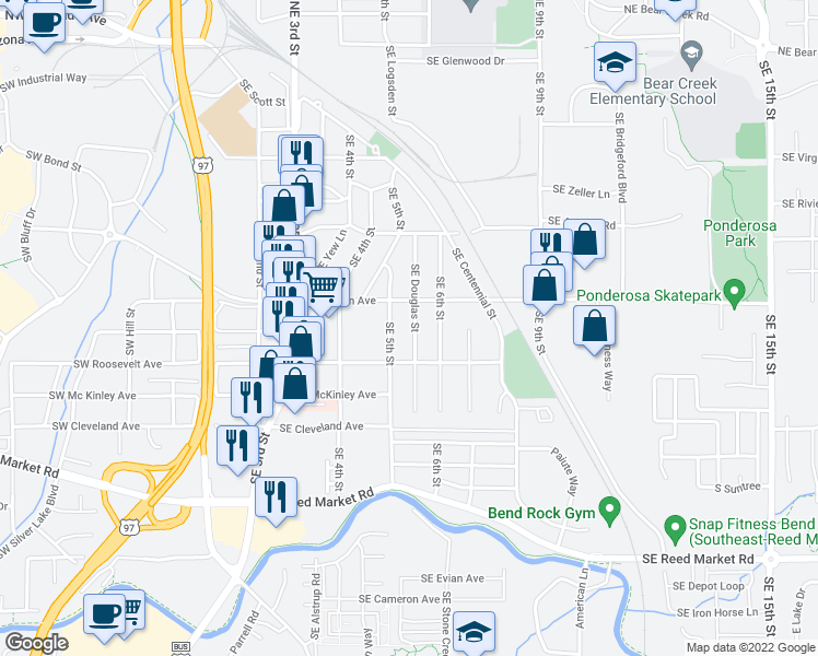 map of restaurants, bars, coffee shops, grocery stores, and more near 647 Southeast Douglas Street in Bend