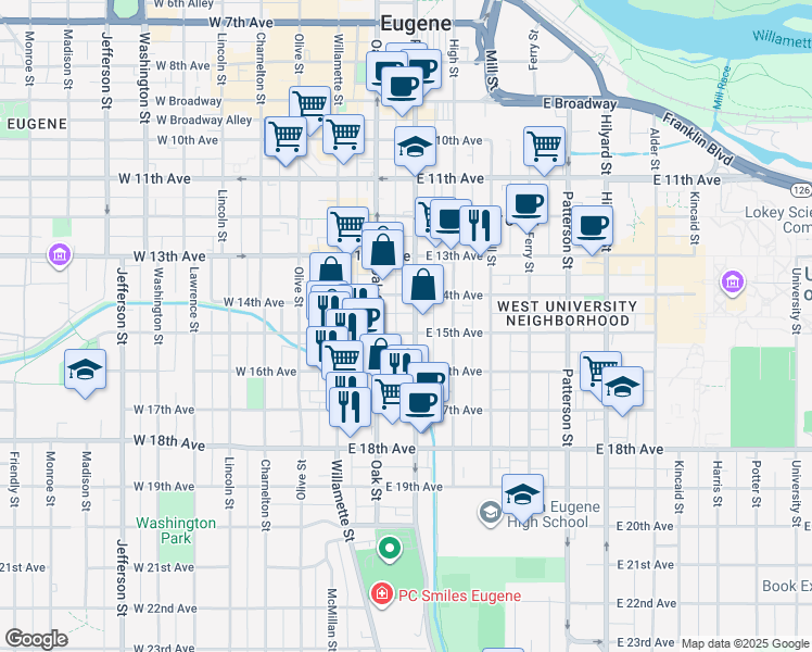 map of restaurants, bars, coffee shops, grocery stores, and more near 1520 Pearl Street in Eugene