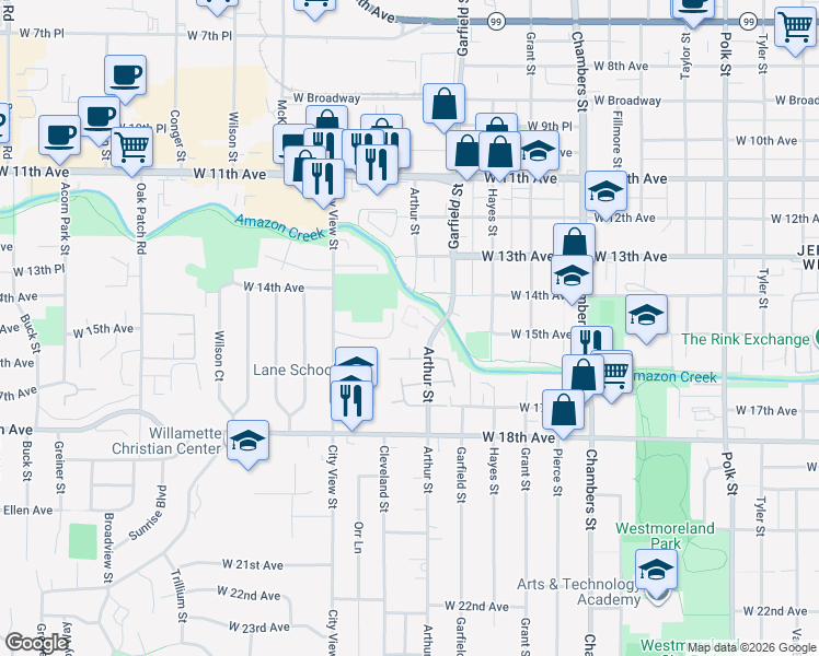 map of restaurants, bars, coffee shops, grocery stores, and more near 2134 West 15th Court in Eugene