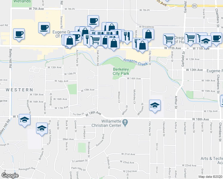 map of restaurants, bars, coffee shops, grocery stores, and more near 1522 Fetters Loop in Eugene