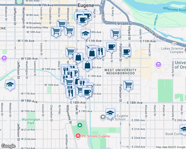 map of restaurants, bars, coffee shops, grocery stores, and more near 1530 High Street in Eugene