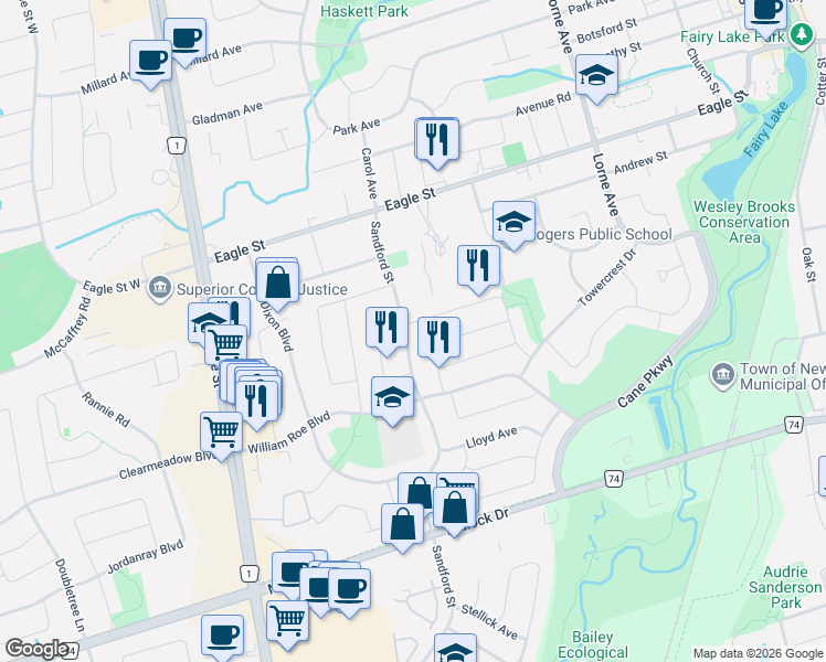 map of restaurants, bars, coffee shops, grocery stores, and more near 409 Sandford Street in Newmarket