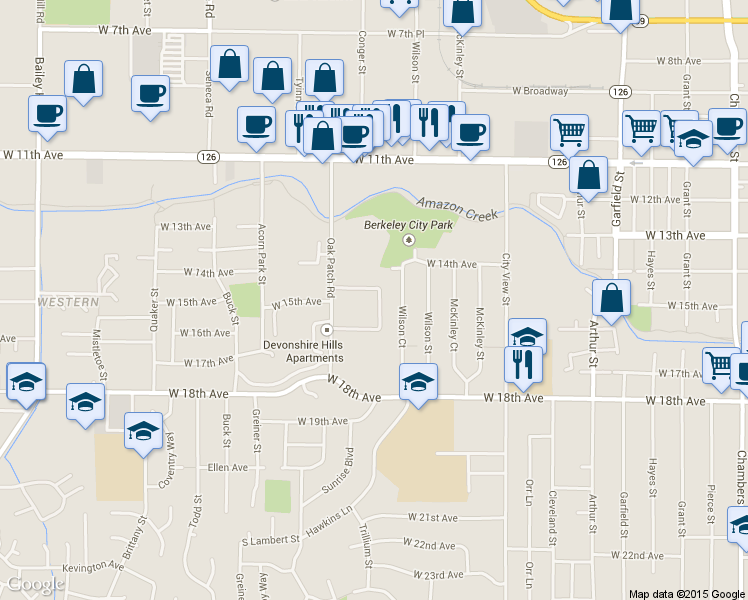 map of restaurants, bars, coffee shops, grocery stores, and more near 1526 Fetters Loop in Eugene