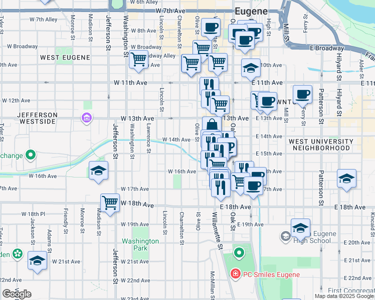 map of restaurants, bars, coffee shops, grocery stores, and more near 1510 Olive Street in Eugene