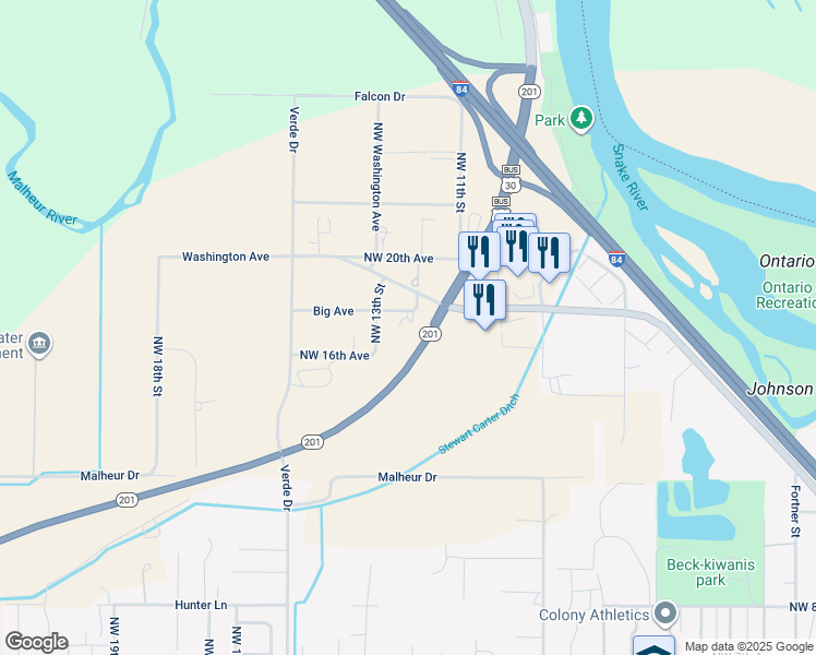 map of restaurants, bars, coffee shops, grocery stores, and more near 1208 Big Avenue in Ontario