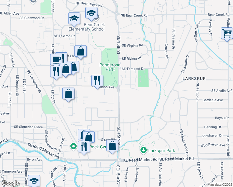map of restaurants, bars, coffee shops, grocery stores, and more near 752 Southeast Breitenbush Lane in Bend