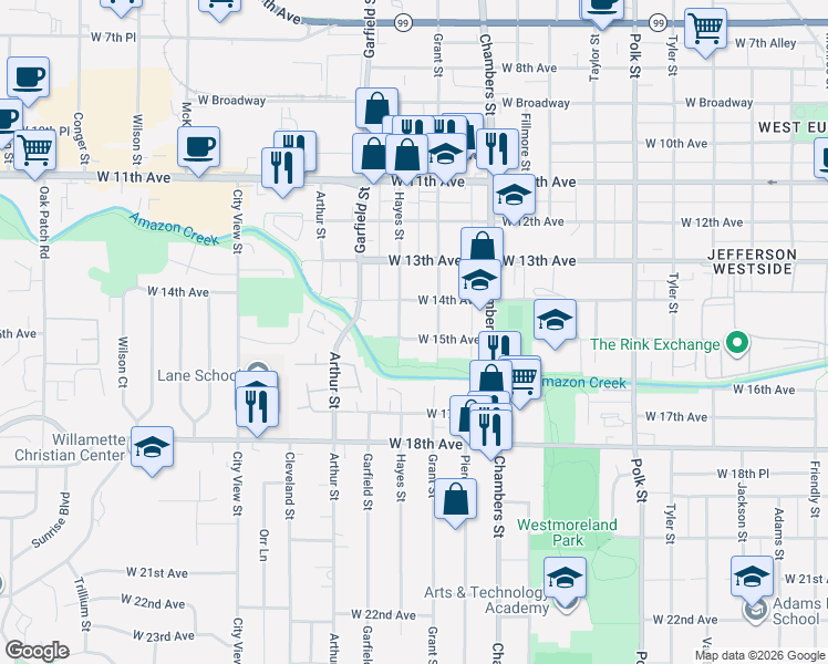 map of restaurants, bars, coffee shops, grocery stores, and more near 1875 West 15th Avenue in Eugene