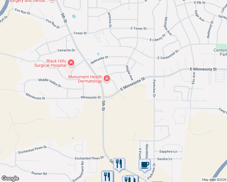 map of restaurants, bars, coffee shops, grocery stores, and more near 50 East Minnesota Street in Rapid City