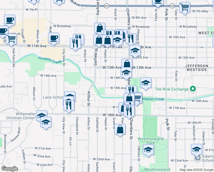 map of restaurants, bars, coffee shops, grocery stores, and more near 1515 Hayes Street in Eugene