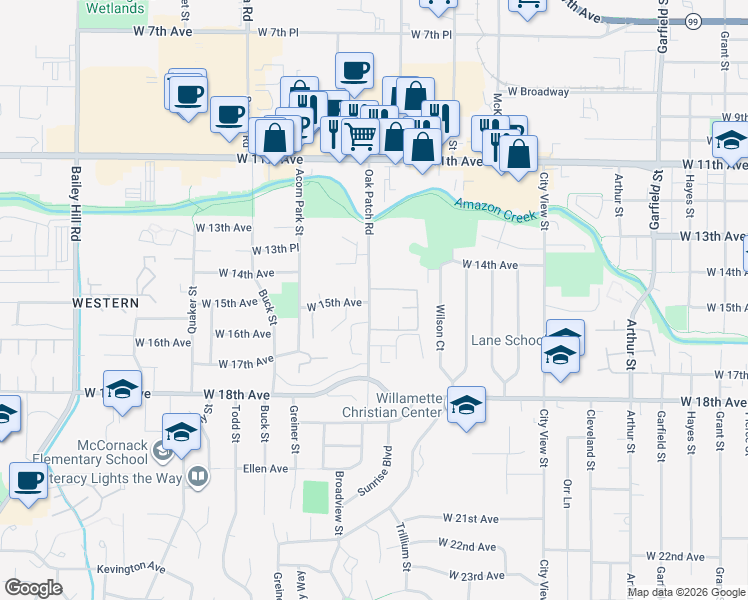 map of restaurants, bars, coffee shops, grocery stores, and more near 1621 Oak Patch Road in Eugene