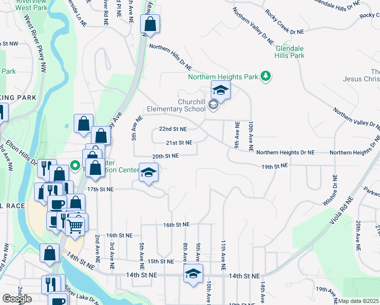 map of restaurants, bars, coffee shops, grocery stores, and more near 809 Sierra Lane Northeast in Rochester