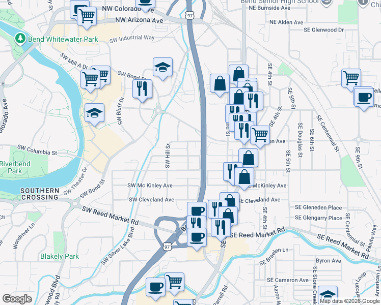 map of restaurants, bars, coffee shops, grocery stores, and more near 10 Southeast Taft Avenue in Bend