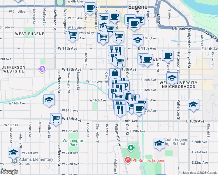 map of restaurants, bars, coffee shops, grocery stores, and more near 95 West 15th Avenue in Eugene