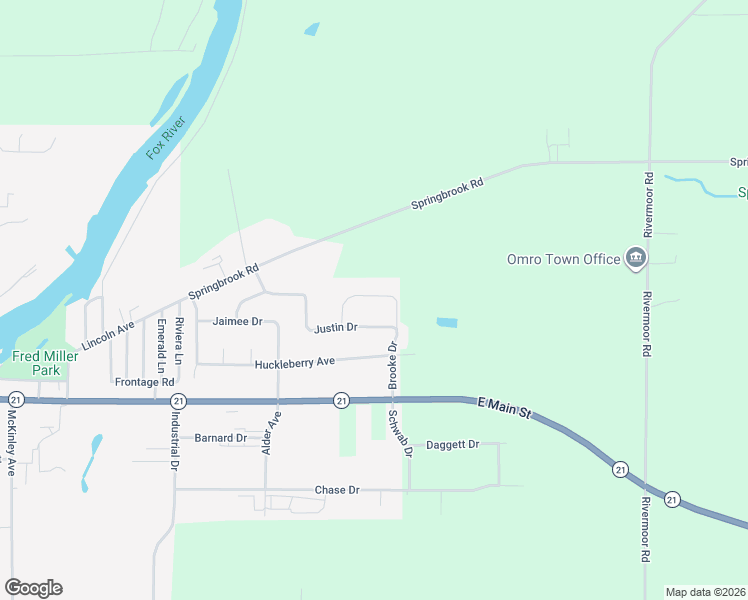 map of restaurants, bars, coffee shops, grocery stores, and more near 1927 Justin Drive in Omro