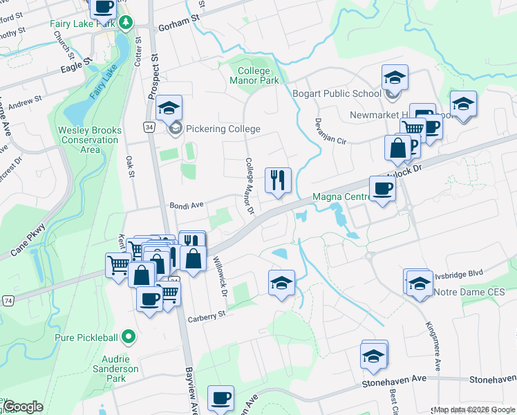 map of restaurants, bars, coffee shops, grocery stores, and more near 551 Tugwell Place in Newmarket