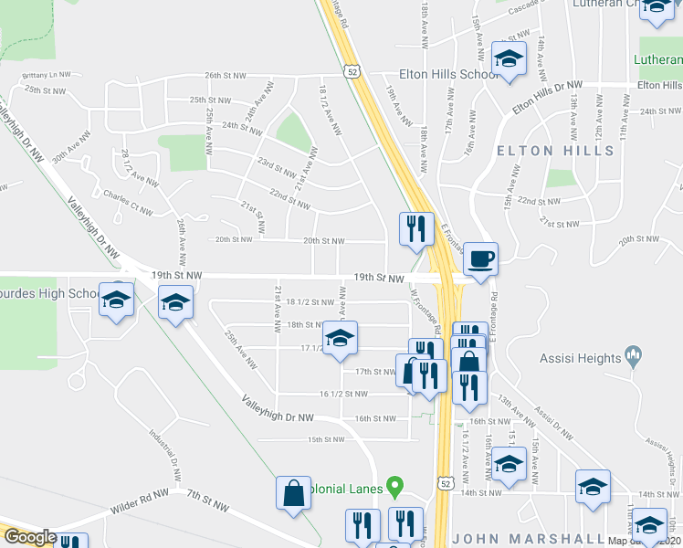 map of restaurants, bars, coffee shops, grocery stores, and more near 1902 19th Avenue Northwest in Rochester
