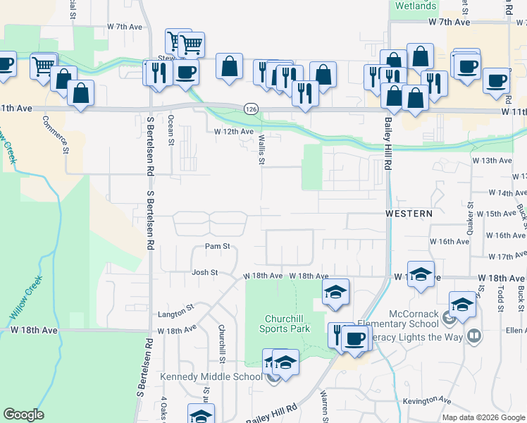 map of restaurants, bars, coffee shops, grocery stores, and more near 3794 Peppertree Drive in Eugene