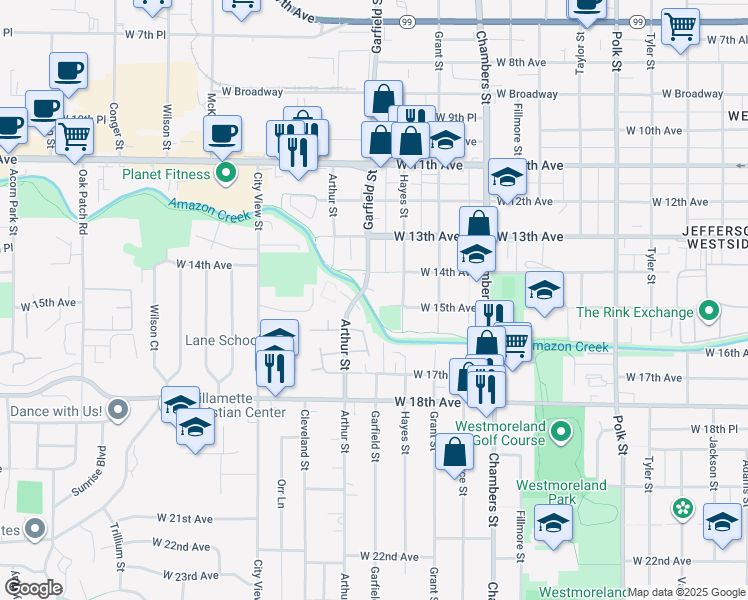 map of restaurants, bars, coffee shops, grocery stores, and more near 2046 West 14th Place in Eugene
