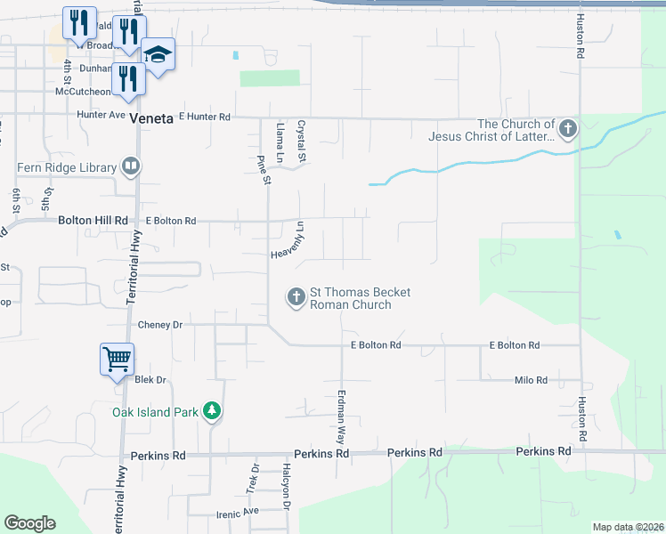 map of restaurants, bars, coffee shops, grocery stores, and more near 25318 Jake Street in Veneta