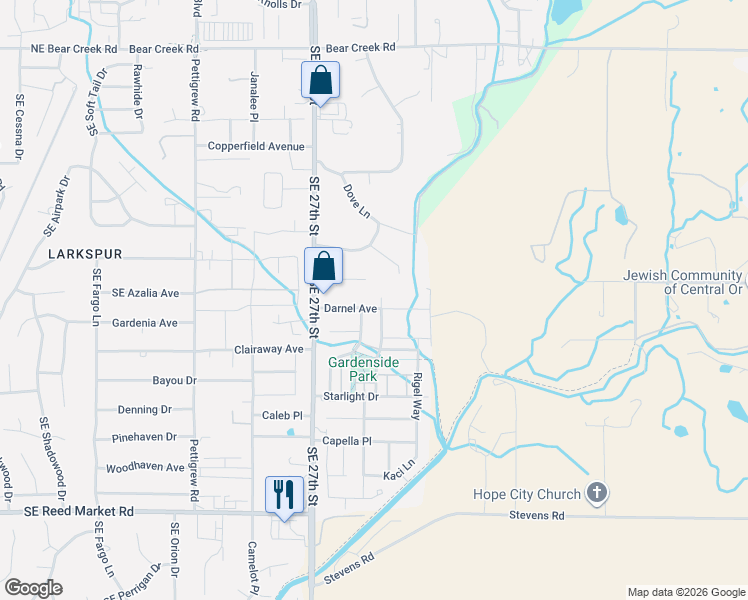 map of restaurants, bars, coffee shops, grocery stores, and more near 61767 Darla Place in Bend