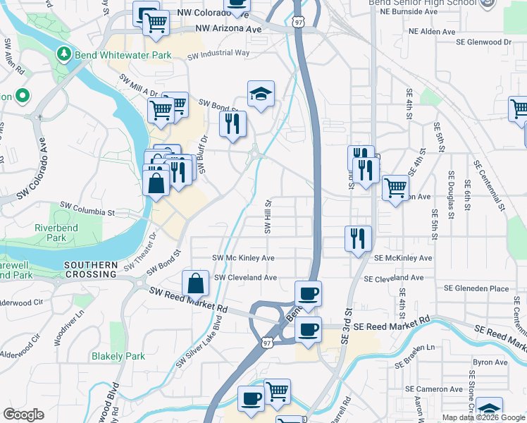 map of restaurants, bars, coffee shops, grocery stores, and more near 129 Southwest Taft Avenue in Bend