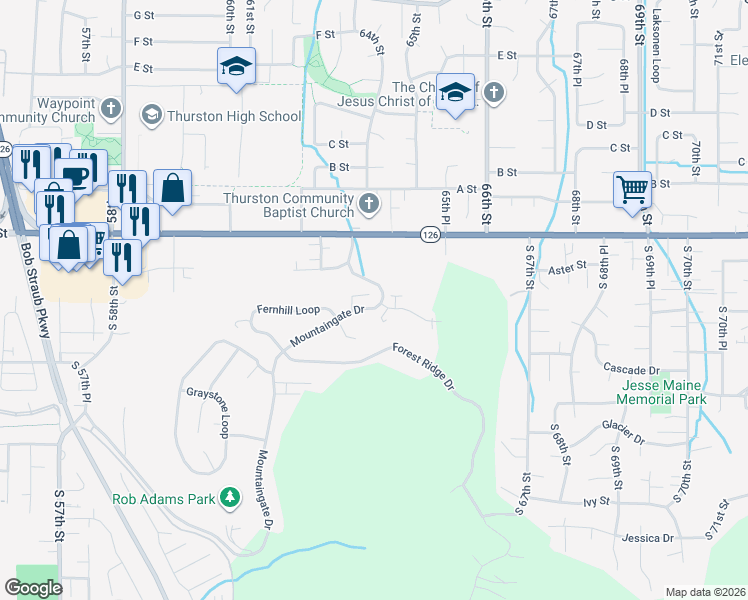 map of restaurants, bars, coffee shops, grocery stores, and more near 349 Mountaingate Drive in Springfield