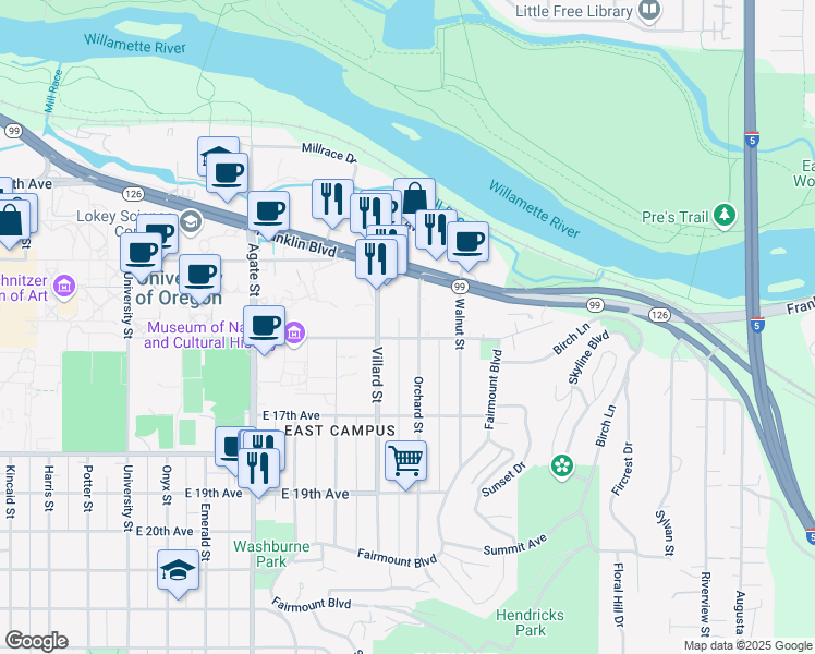 map of restaurants, bars, coffee shops, grocery stores, and more near 1505 Orchard Street in Eugene