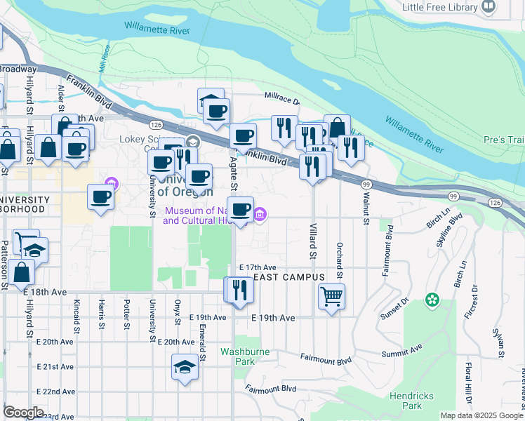 map of restaurants, bars, coffee shops, grocery stores, and more near Moss Street in Eugene