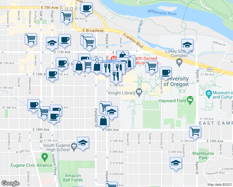 map of restaurants, bars, coffee shops, grocery stores, and more near 758 East 15th Avenue in Eugene