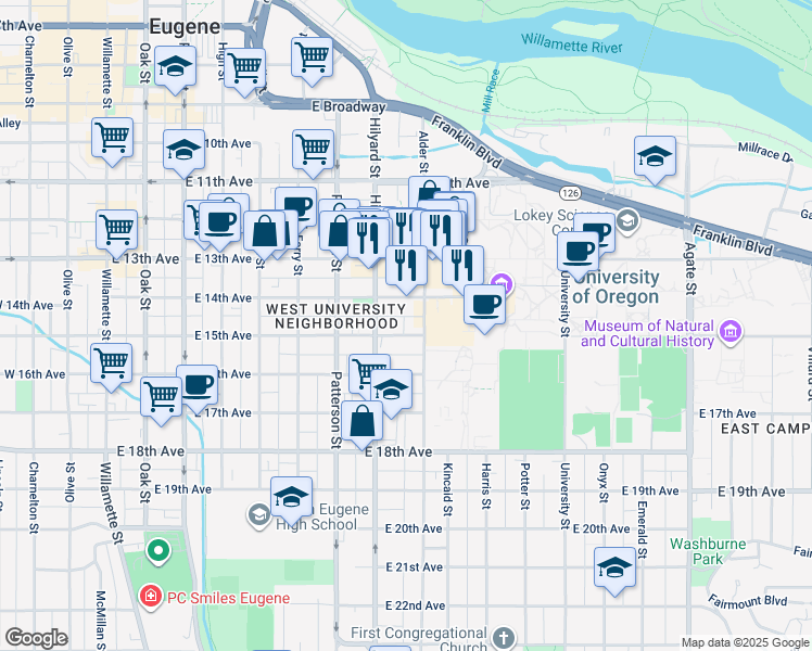 map of restaurants, bars, coffee shops, grocery stores, and more near 758 East 15th Avenue in Eugene