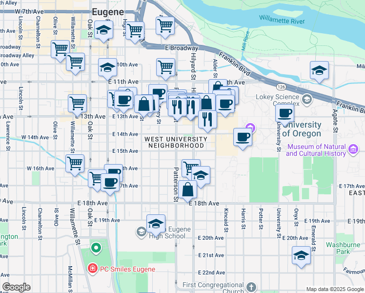 map of restaurants, bars, coffee shops, grocery stores, and more near 1526 Hilyard Street in Eugene