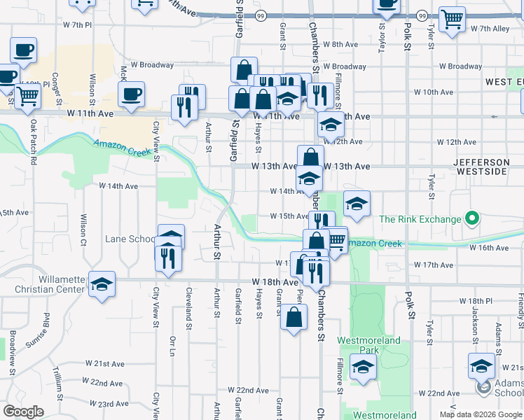 map of restaurants, bars, coffee shops, grocery stores, and more near 1515 Hayes Street in Eugene