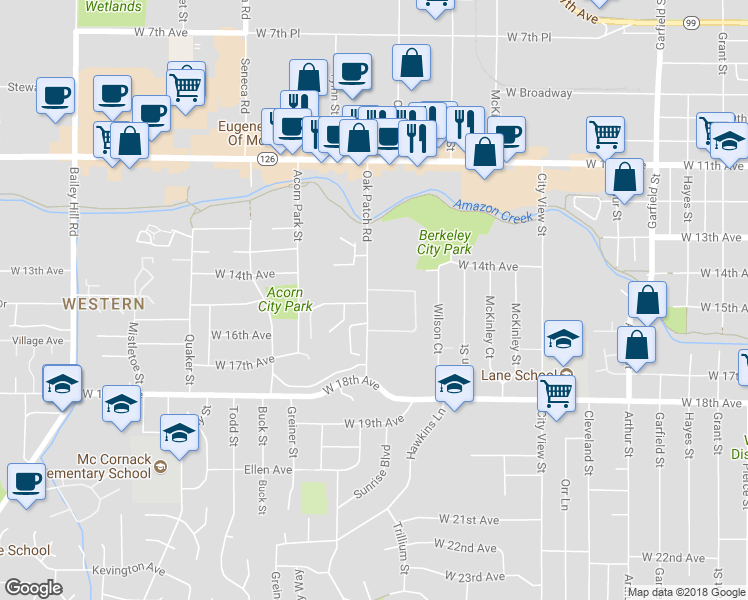 map of restaurants, bars, coffee shops, grocery stores, and more near 1621 Oak Patch Road in Eugene