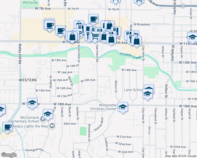 map of restaurants, bars, coffee shops, grocery stores, and more near 1621 Oak Patch Road in Eugene