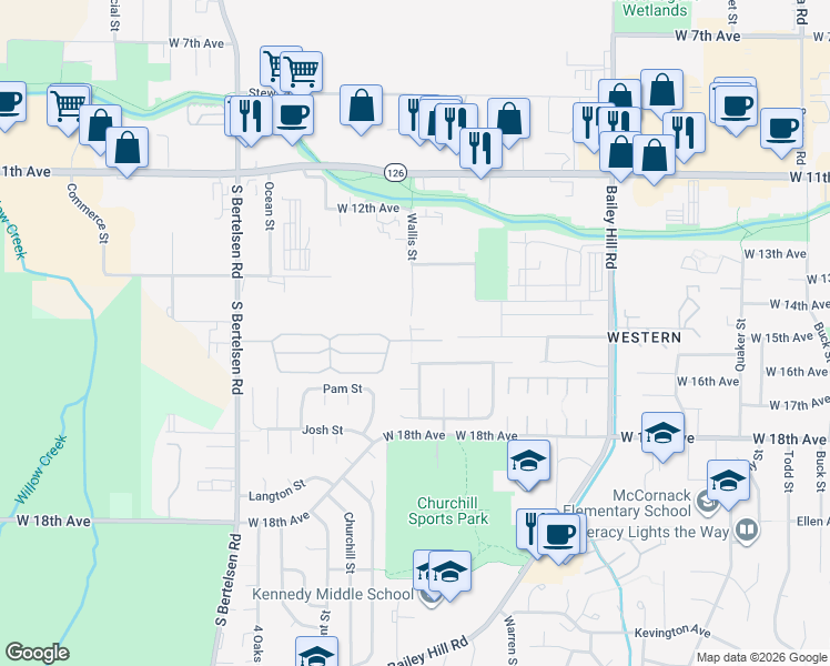 map of restaurants, bars, coffee shops, grocery stores, and more near 3794 Peppertree Drive in Eugene