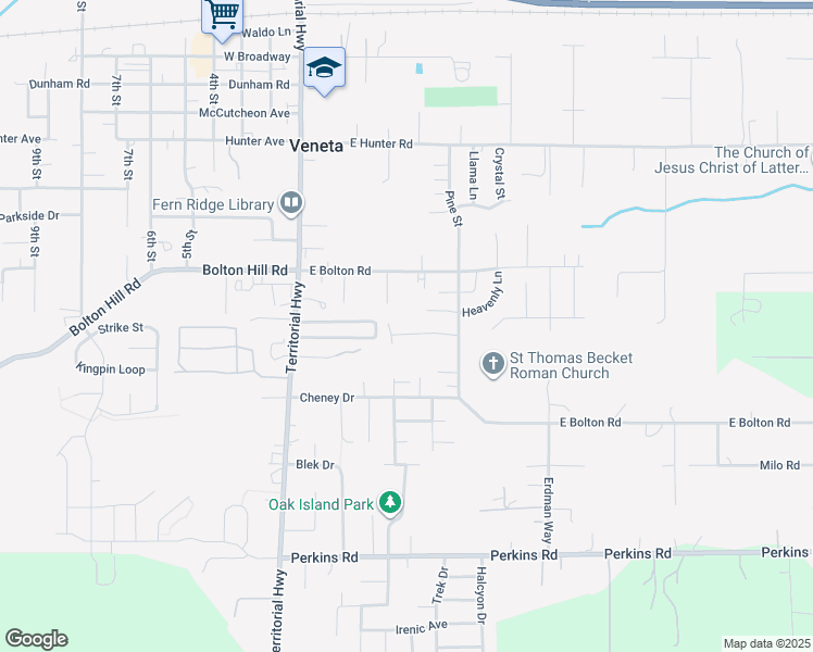 map of restaurants, bars, coffee shops, grocery stores, and more near 25177 Jake Street in Veneta